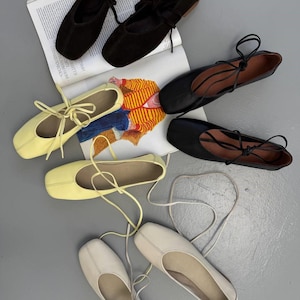 Natural Leather Ballet Flats, Women's Square Toe Ballerina Shoes, Minimalist Lace Up Soft Flats, Comfortable Daily Footwear, Handmade Shoes image 2
