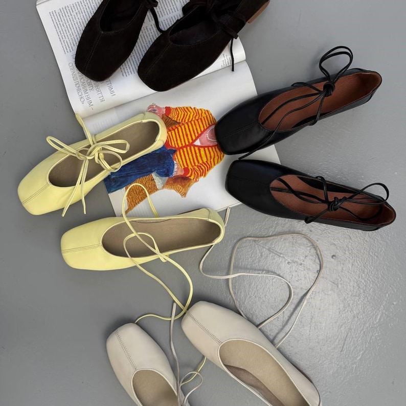 Natural Leather Ballet Flats, Women's Square Toe Ballerina Shoes, Minimalist Lace Up Soft Flats, Comfortable Daily Footwear, Handmade Shoes image 2