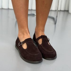Suede T-Strap Mary Jane Shoes, Women's Barefoot Flats, Wide Toe Box Shoes, Soft Sole Shoes, Comfortable Anatomical Footwear, Gift for Her Chocolate