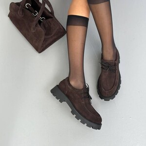 Women's Dark Brown Suede Loafers, Derby Shoes, Chunky Platform Loafers, Comfortable Casual Shoes, Trendy Everyday Footwear, Loafers for Her image 11