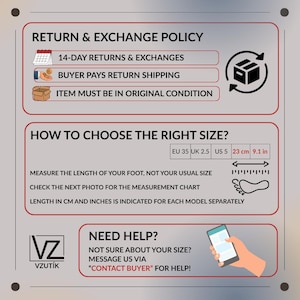 May include: An informational graphic with text about returns, exchanges, and sizing. The text includes "14-DAY RETURNS & EXCHANGES", "BUYER PAYS RETURN SHIPPING", and "ITEM MUST BE IN ORIGINAL CONDITION". It also shows how to measure foot size, with measurements in cm and inches.
