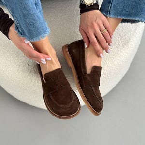 Wide Toe Penny Loafers, Brown Suede Loafers, Women&#39;s Shoes, Comfortable Slip-On Shoes, Classic Casual Moccasins, Soft Sole Shoes