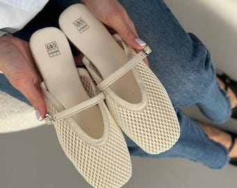 Summer Mesh Mules for Women, Transparent Mary Jane Shoes, Sheer Mesh Flats, Stylish Open Toe Flats, Lightweight Barefoot Shoes