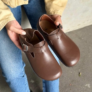 Barefoot Wide Toe Box Mules, Women's Leather Clogs with Cork Insole, Orthopedic Slip On Shoes, Natural Suede Comfort Slippers, Healthy Shoes Leather Chocolate
