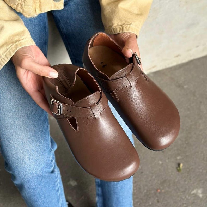 Barefoot Wide Toe Box Mules, Women's Leather Clogs with Cork Insole, Orthopedic Slip On Shoes, Natural Suede Comfort Slippers, Healthy Shoes Leather Chocolate