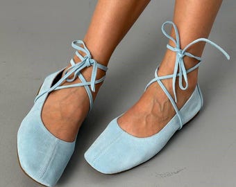 Light Blue Suede Flats, Lace Up Ballet Shoes, Square Toe Balletcore Flats, Narrow Medium Fit Shoes, Genuine Leather Lined Moccasins