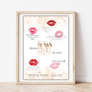 Puede incluir: Una impresión enmarcada con un fondo beige, con ilustraciones de labios rojos y rosas, y un grupo de mujeres. El texto en francés incluye frases como "Bisous de nous" y "EVJF de Pauline - 7 juin 202."