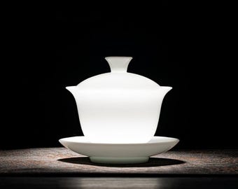 Set gaiwan en twee theekopjes van Ice Jade-porselein – Premium wit porselein met uitzonderlijke artistieke waarde: semi-doorschijnend, briljant wit