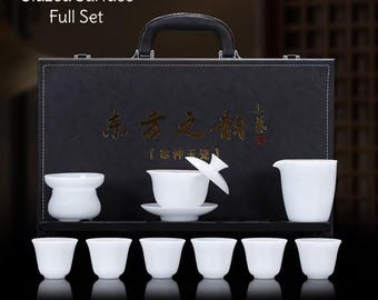 Conjunto completo de chá de porcelana de jade gelado com 10 peças – porcelana branca premium com valor artístico excepcional – aparência translúcida semelhante à jade