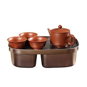 Traditional Guangdong Tea Brewing Set-Zhuni Teapot Set & 3 Teacups +Large-Capacity 1000ml Stainless Steel Tea Tray Set-Chaozhou Classic