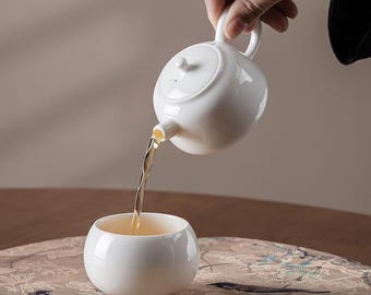 Classic “Phoenix Chirp” When You Pour- Dehua Mutton Fat Jade Porcelain 125ml Teapot with 120ml Teacup Set – Optional Matching Lotus Tea Tray