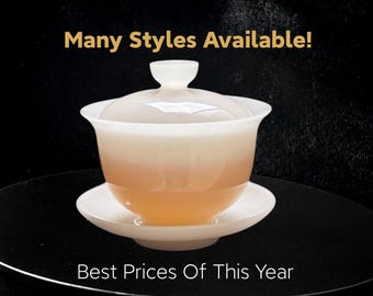 May include: A translucent white and pale peach gaiwan tea set with a lid and saucer. The text Many Styles Available! appears at the top, and the text Best Prices Of This Year is at the bottom of the image.