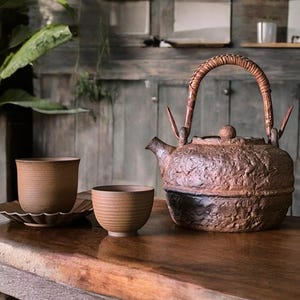 Heat-resistant Unglazed Clay Teapot & Cups (850ml) –Richer Flavor– For Charcoal and Electric Stoves