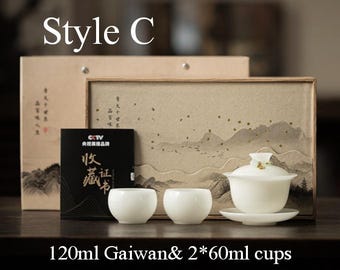 Rare Jadeite-Like Ice Jade Porcelain Teapot Or Gaiwan & 2* Cups Set – Newest High-End Creation -Gift Box