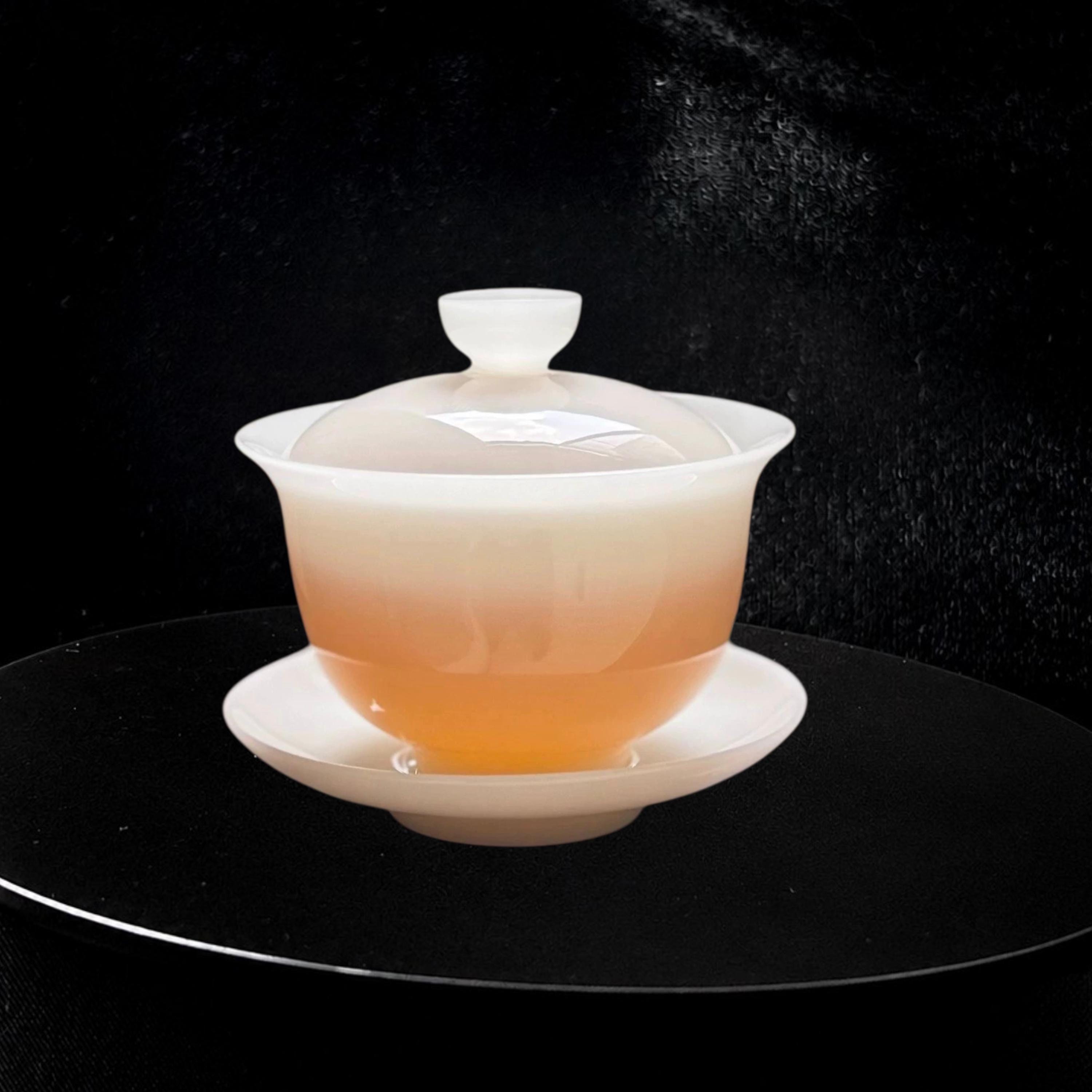 半透明の蓋碗茶器セット、徳化窯最新の翡翠のような輝きを放つ磁器