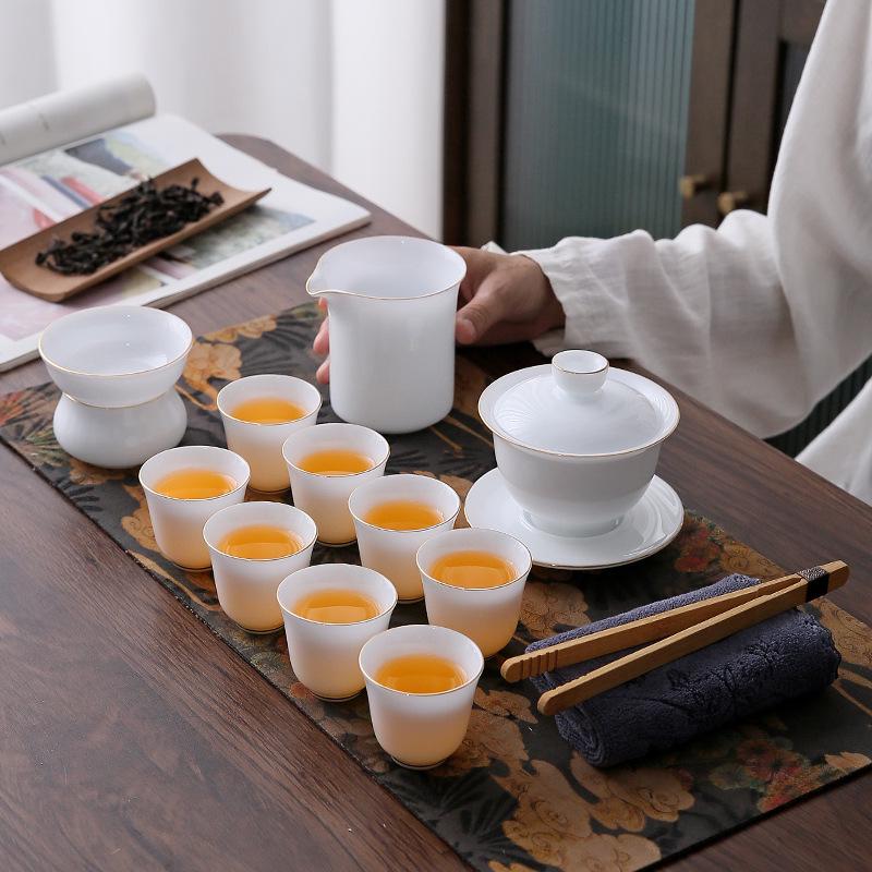 Caixa de presente personalizável - Conjunto completo de chá Gaiwan de porcelana de jade gelado com 12 peças - Conjunto com acabamento em branco puro ou dourado - Porcelana branca premium