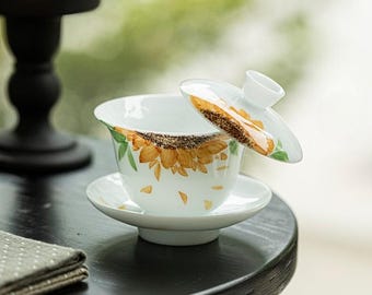 Conjunto de Gaiwan e duas xícaras de chá de porcelana de jade gelado – porcelana branca premium com valor artístico excepcional – girassol pintado à mão
