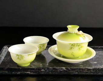 150ml Hand-Painted Translucent Gaiwan & 3 Cups, Pendant Set | Willow Leaf Design, Jadeite-Like Porcelain