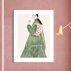 Minimal Portrait Illustration, Grüner Mantel druckbares Poster, Boho Wandkunst, Grüne Wandkunst, Digitaldrucke, Abstrakte Linie, Frau Wandkunst
