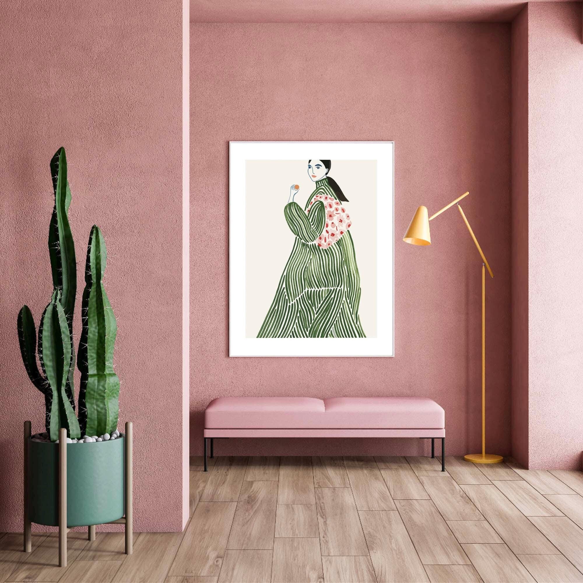 Minimal Portrait Illustration, Green Coat Printable Poster, Boho Wall Art, Green Wall Art, Digital Prints, Abstract Line, Woman Wall Art