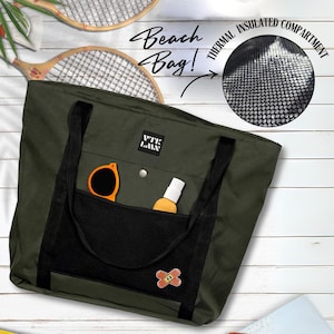 Khaki Große Thermo-Strandtasche, 2-Fach Kühl-Einkaufstasche, Pool & Picknick, Reißverschluss-Canvastasche, Einkaufstasche, Strandtasche, Sommertasche