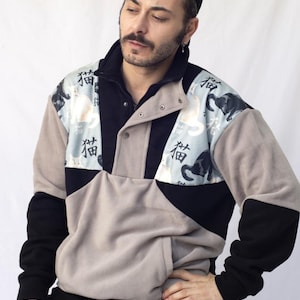 Felpa unisex oversize in pile con mezza cerniera e stampa giapponese, felpa oversize comoda e calda - Abbigliamento invernale alla moda