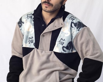 Unisex Half-Zipper Japanese Printed Oversize Fleece Sweatshirt, Cozy & Warm Oversized Sweatshirt - Stylish Winter Wear