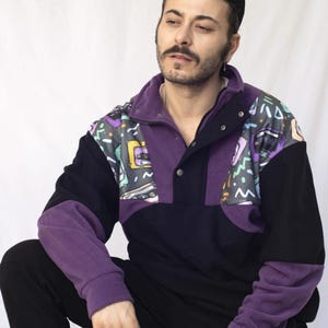 Felpa unisex oversize in pile con stampa retrò con mezza cerniera, felpa oversize comoda e calda - Abbigliamento invernale alla moda