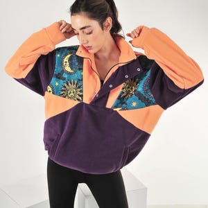 Felpa unisex oversize in pile con stampa sole e mezza cerniera, felpa oversize calda e accogliente - Abbigliamento invernale alla moda