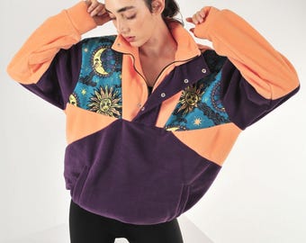 Unisex Half-Zipper Sun Printed Oversize Fleece Sweatshirt, Cozy & Warm Oversized Sweatshirt - Stylish Winter Wear