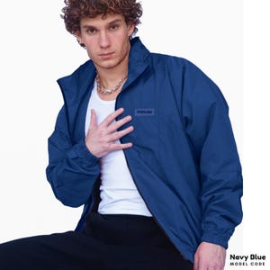 Unisex Vintage 90s Style Navy Blue Color Bomber Jacket Retro Windbreaker Jacket
