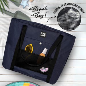 Marineblaue Große Thermo-Strandtasche, 2-Fach Kühltasche, Pool&Picknick, Reißverschluss-Tasche, Tote Bag, Strandtasche, Sommertasche