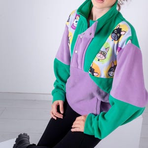 Felpa unisex oversize in pile con stampa a forma di gatto e mezza cerniera, felpa oversize calda e accogliente - elegante abbigliamento invernale