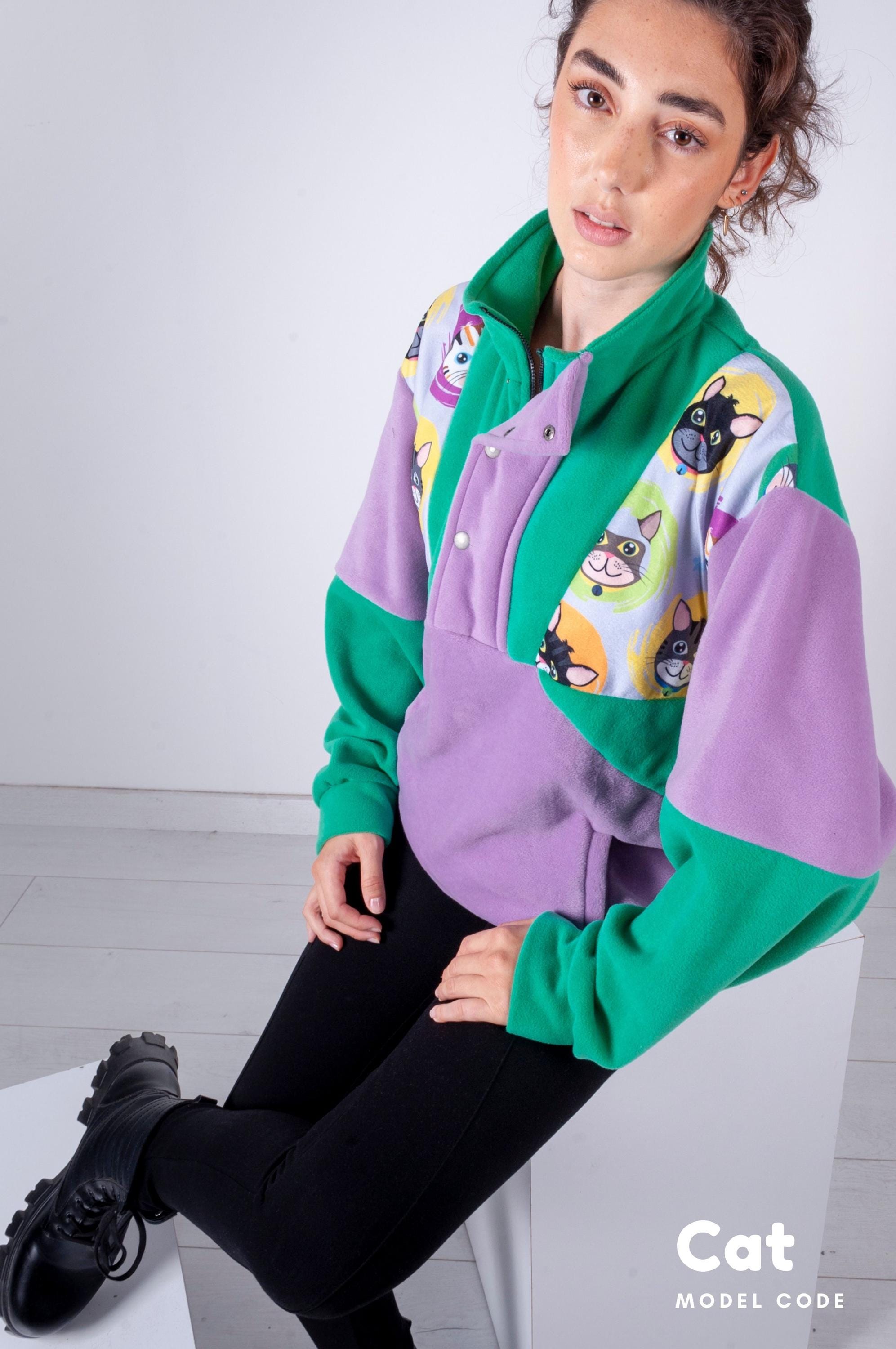 Unisex Half-Zipper Cat Printed Oversize Fleece Sweatshirt, Cozy & Warm Oversized Sweatshirt - Stylish Winter Wear