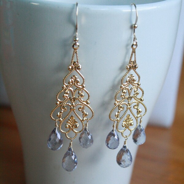 Beautiful Light Purple Tanzanite Quartz and Gold Filigree Chandelier Earrings.  . Wedding, bridal, gemstone earrings
