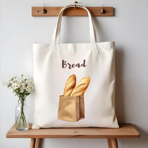 Clipart di pane ad acquerello, baguette in sacchetto di carta, download digitale di panetteria, PNG trasparente per borsa tote, maglietta, arredamento da bar, 2000x2000 Pixel