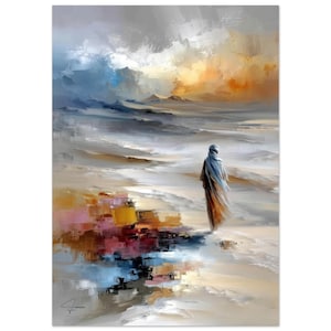 May include: An abstract oil painting shows a lone figure in flowing robes on a beach. The sky shifts from grey to orange, with mountains in the distance. The foreground has colourful reflections.