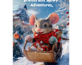 May include: A calendar featuring a cheerful mouse in a red scarf and mittens, riding a wooden sled through a snowy winter scene. The calendar's title reads "Friends and Snowy Adventures."