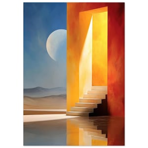 Pode incluir: Uma pintura abstrata retrata uma cena surreal com uma grande lua num céu azul, uma paisagem desértica e uma porta com escadas banhadas pela luz do sol. As paredes são pintadas em tons de amarelo e vermelho.