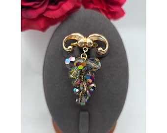Vintage Grape Cluster Brooch Pin Gold Tone Iridescent Crystal Dangle Chandelier