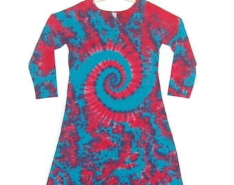 Tie Dye Dress long sleeve Women's Hot Pink Turquoise Blue Fractal Spiral Blotter Tye Dye Midi Maxi handmade hippie Dress sm med lg xl 2X 3X