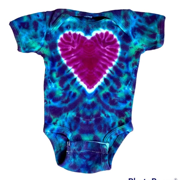 TIE DYE Baby Bodysuit Heart Green & Purple Romper Creeper Infant sizes newborn 6 12 18 24 Months handmade outfit shower gift Psychedelic