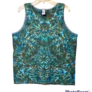 Tie Dye Tank Top Groß Versandfertig Herren Grün Blau Moosy Blotter Scrunch Lg handgemacht Hippie Art Boho handgefärbt handmadePsychedelic