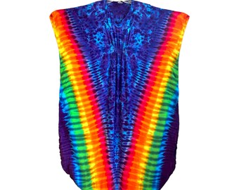 Tie Dye Caftan Maxi Dress Women's Rainbow Pinwheel V & Lapis Kaftan psychedelic chic island beach hand dyed