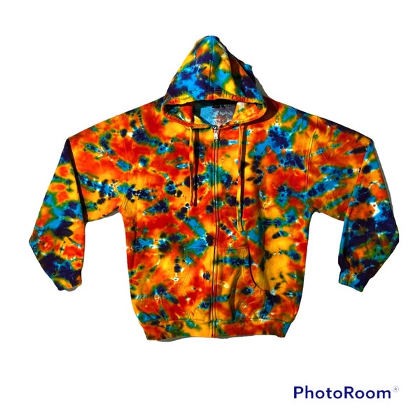 Tie Dye Zip Hoodie Sweatshirt Rainbow Blotter Scrunch hand dyed art Zipper hooded fleece small medium large XL 2X 3X Psychedelic Circus