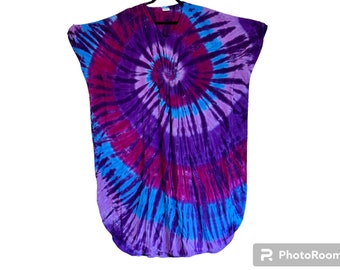 Tie Dye Caftan Maxi Dress Women's Purple & Blue Spiral swirl Kaftan psychedelic chic island beach hand dyed