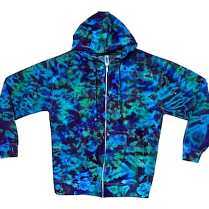 Tie Dye Zip Hoodie Sweatshirt | Large | Blue Green Purple Blotter Scrunch | Zipper hooded fleece | Handmade | Ready to Ship