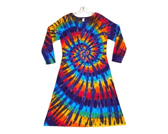 Tie Dye Long Sleeve Dress: Psychedelic Rainbow Swirl, Handmade Cotton, Midi Maxi