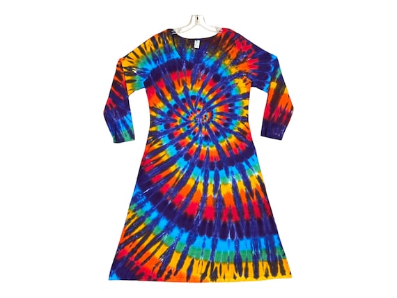 Tie Dye Long Sleeve Dress: Psychedelic Rainbow Swirl, Handmade Cotton, Midi Maxi