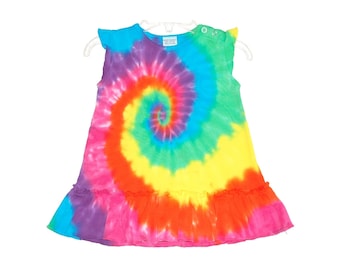 TIE DYE Dress Baby Girl's Neon Rainbow Spiral Swirl Ruffle Dress Infant sizes 3 6 12 18 24 months handmade Love handmade shower gift